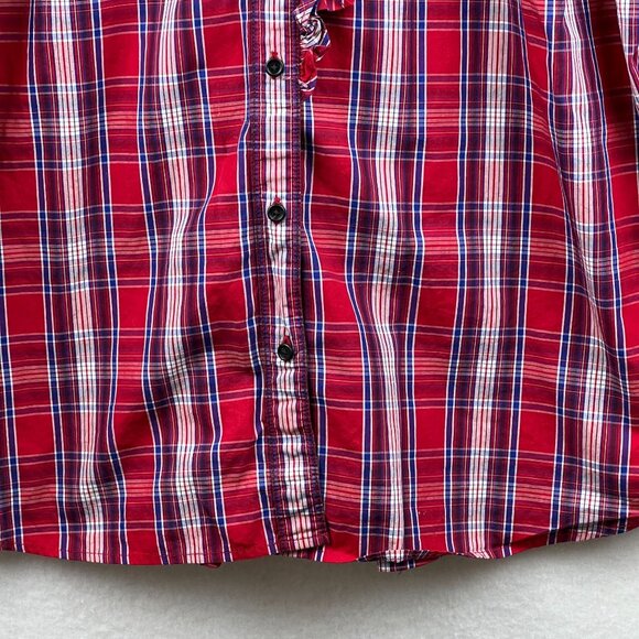 Gap Womens Red Check The Fitted Boyfriend Shirt Size XL Button Front Ruffle Neck - Picture 7 of 14